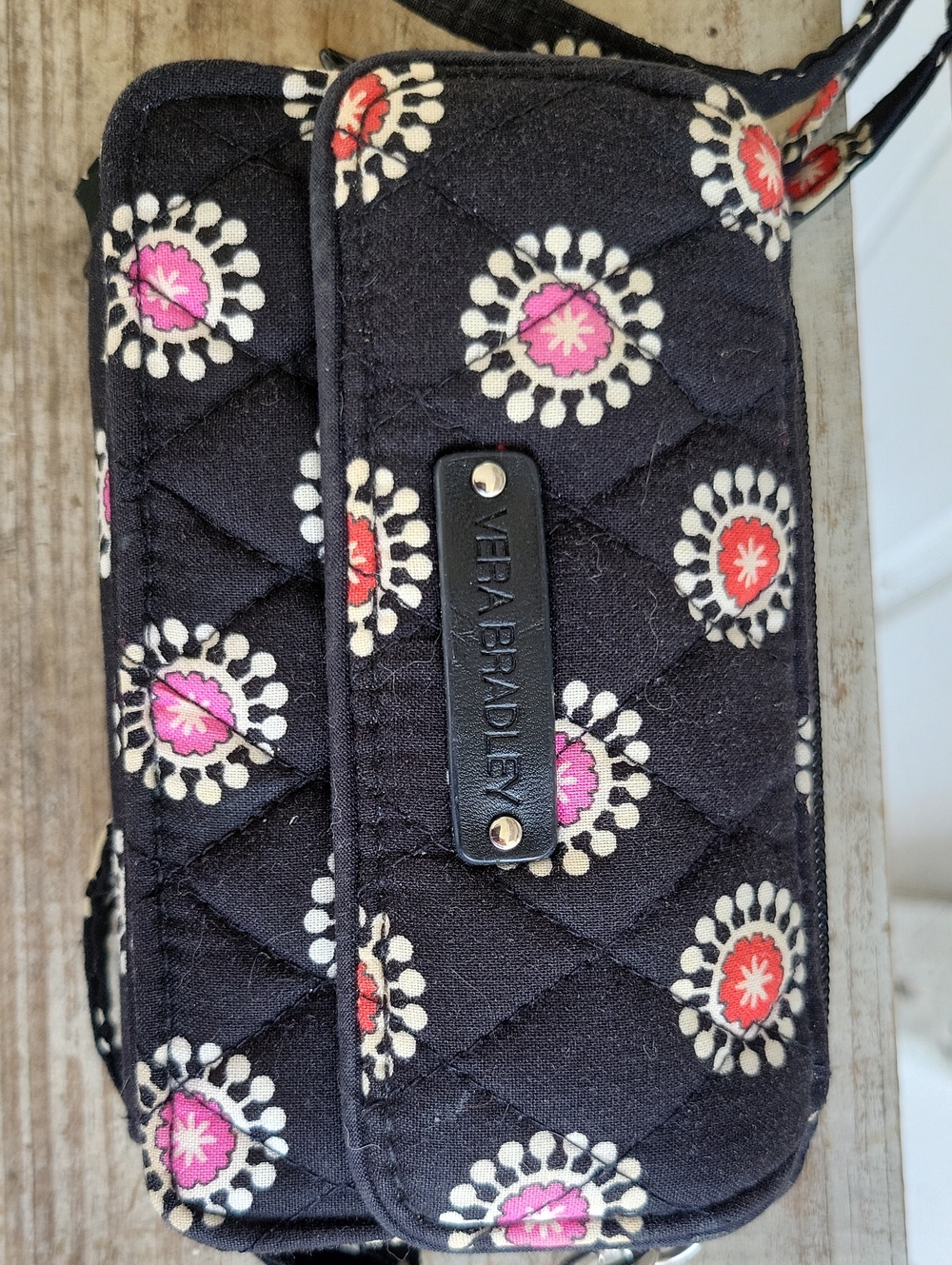 Vera Bradley Black Quilted Crossbody with Pink & Red Floral Medallions